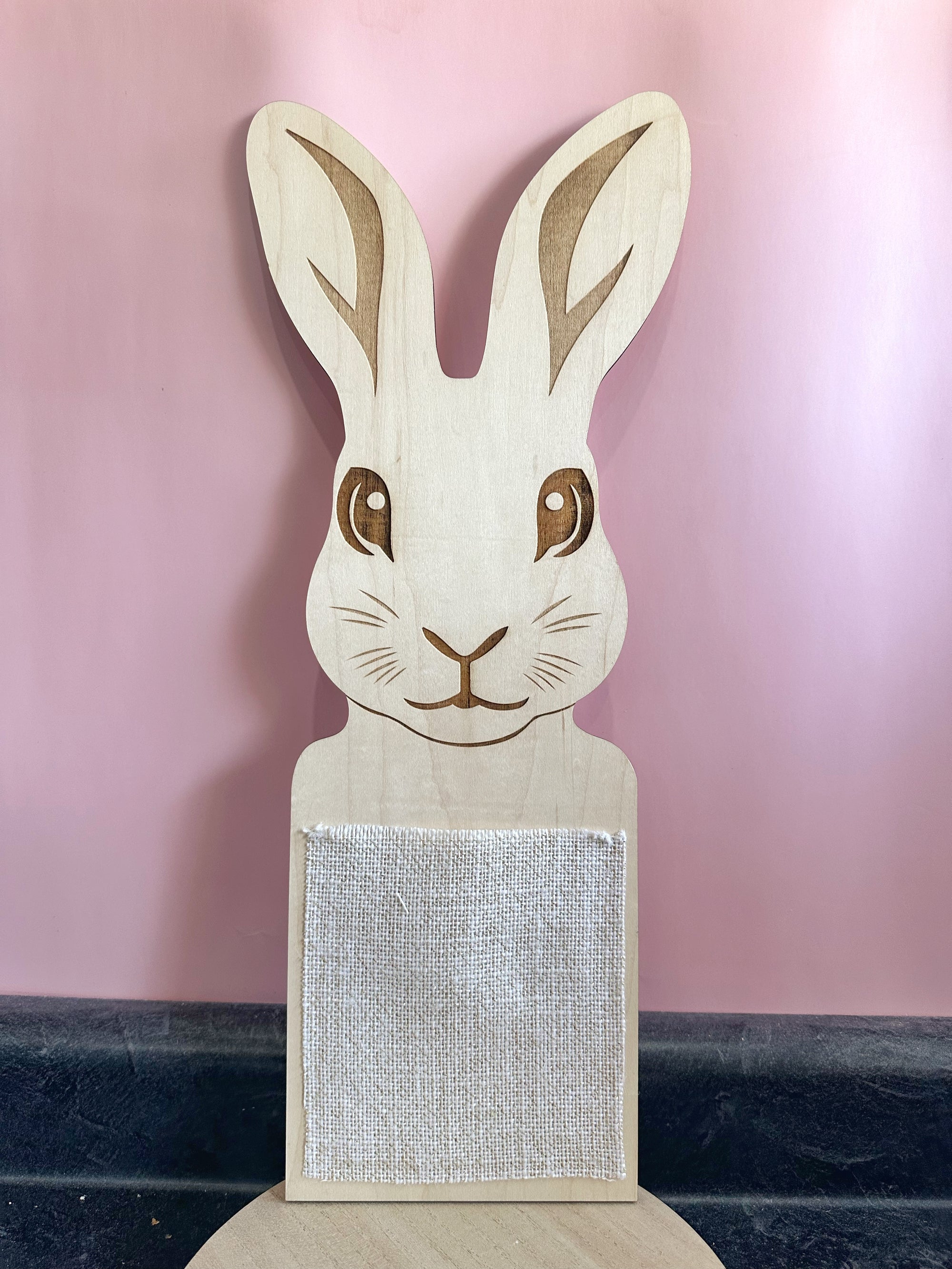 Wood Bunny with attached burlap pocket/vase