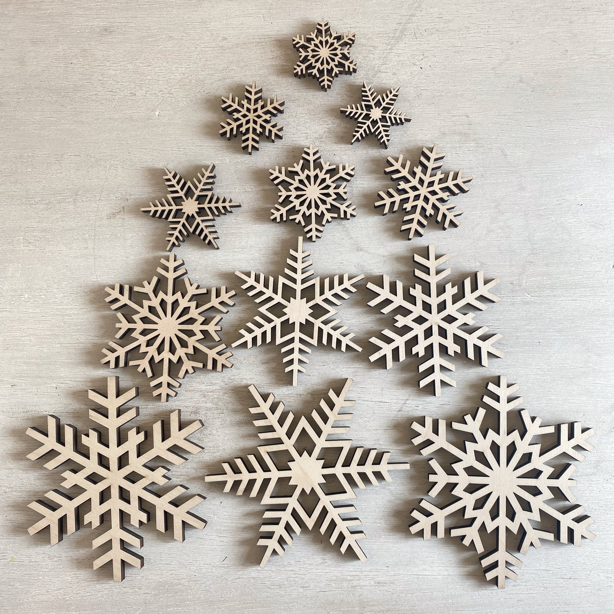 Large Wood Snowflakes 2.25 Diameter - Set of 12 - Painted & Glittered Wood